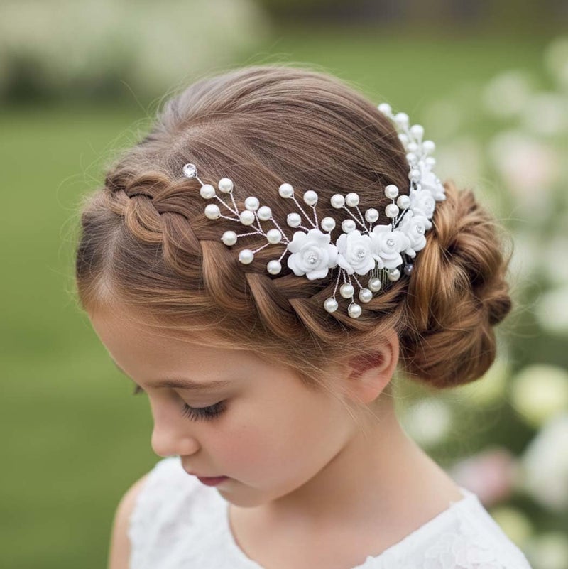 Campsis Flower Girls Hair Accessory, White Floral Headband, Pearl Headpiece for Bridal - Image 3